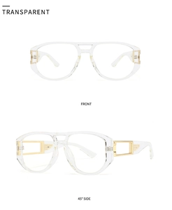 Makro-Detail der transparenten eckigen Sonnenbrille mit goldenen Metall-Hohl-Scharnieren