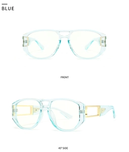 Vorder- und Seitenansicht der hellblauen transparenten quadratischen Sonnenbrille mit Golddekor