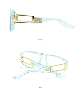 Detailansicht der hellblauen Sonnenbrille mit eleganten goldenen Hohlmetallbügeln