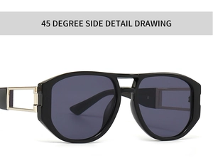 Detaillierte 45-Grad-Seitenansicht der modernen quadratischen Sonnenbrille mit Metallscharnier