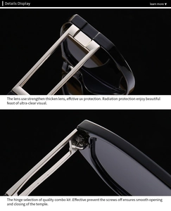 Details quadratischer Sonnenbrille mit UV-Gläsern und präzisen Metallscharnieren