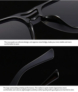 Details quadratischer schwarzer Sonnenbrille mit Silikon-Nasenpads und glänzendem Rahmen