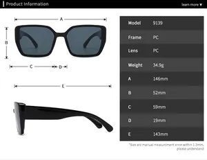 Detailed size chart for square frame sunglasses with frame and lens measurements
