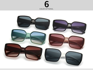 Detailed flat lay of oversized square sunglasses in six assorted gradient colors