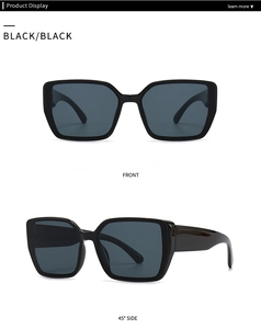 Front and 45-degree side view of modern square oversized sunglasses in black finish