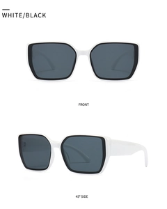 Front and 45-degree side views of white square sunglasses with black lenses