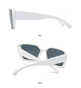 Detail view of white square sunglasses showing side and back temples on a clean white background