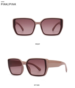 Front and 45 degree side view of square pink sunglasses with purple gradient lenses
