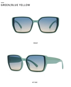 Front and 45-degree views of square oversized green sunglasses with blue yellow gradient lenses
