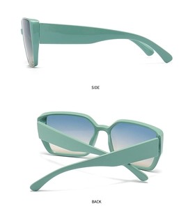Detailed side and back views of mint green square sunglasses with gradient blue lenses