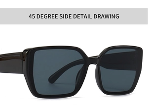 45-degree side view detail of modern oversized square black frame sunglasses