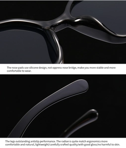 Detail of square sunglasses showing soft silicone nose pads and ergonomic temple tips