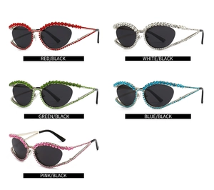 Détails des lunettes de soleil œil de chat de luxe avec montures ornées de strass colorés