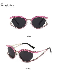 Vue détaillée de lunettes de soleil œil-de-chat avec strass roses de face et de profil