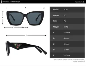 Detailed size specifications for large cat-eye sunglasses with PC frame and lens