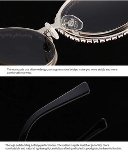 Détails des plaquettes et branches ergonomiques des lunettes œil-de-chat en strass