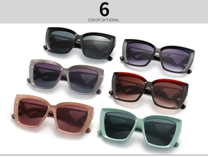 Detailed view of six colorful cat-eye sunglasses with UV protection and CE certification marks