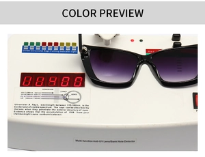 UV400 protection test for cat-eye sunglasses showing UV-A/B block on detection device