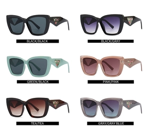 Detailed grid view of cat eye sunglasses showing six color variants with floral temple details