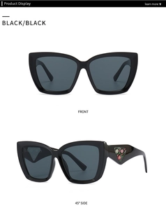 Detailed front and side views of black cat-eye sunglasses with triangle logo detail