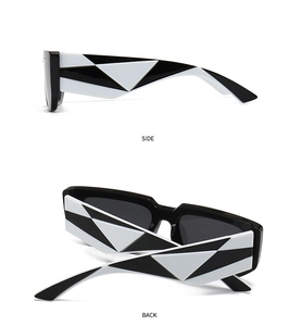 Détail des lunettes de soleil œil de chat montrant le motif géométrique sur la branche