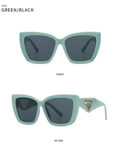 Detailed front and side view of mint green cat-eye sunglasses with patterned triangle detail
