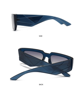 Vue détaillée des lunettes de soleil œil-de-chat bleu foncé avec branches géométriques