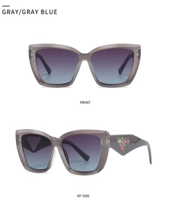 Detailed views of grey translucent cat-eye sunglasses with purple gradient lenses