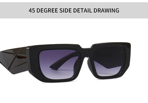 Vue détaillée des lunettes de soleil œil-de-chat noires avec verres dégradés violets