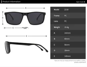 Size chart for modern retro square sunglasses detailing exact frame and lens dimensions