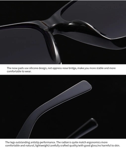 Macro view of integrated silicone nose pads and ergonomic high-gloss temples on sunglasses