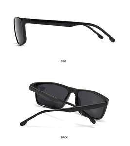 Side and back view of modern black square polarized sunglasses with glossy finish