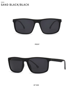 Front and 45-degree side views of square matte black polarized sunglasses on white background