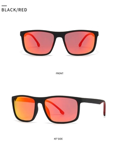 Front and side view of square polarized sunglasses with black matte frames and red lenses