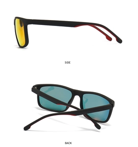 Polarized square sunglasses side and back views showing red contrast temple detail