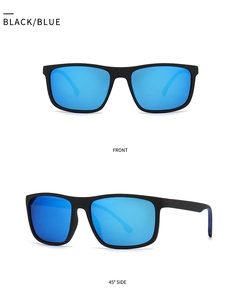 Detail view of black rectangular polarized sunglasses with blue mirrored lenses in two angles