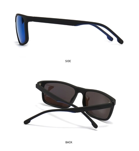 Detail view of matte black square sunglasses with blue mirrored lenses from side and back