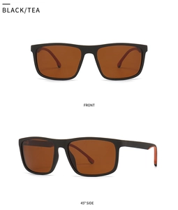 Front and 45-degree side views of black square sunglasses with tea lenses and matte finish