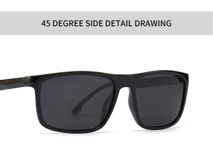 Detailed 45-degree side view of vintage square sunglasses with black frames and polarized lenses