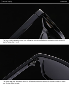 Detail of square sunglasses with reinforced metal hinges and frame size specifications