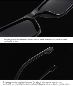 Detail of square black sunglasses showing silicone nose pads and anti-slip temples