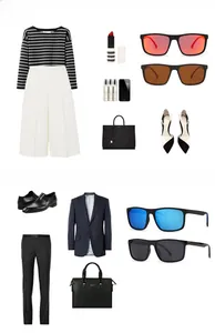 Chic square polarized sunglasses arranged with fashionable apparel on a clean white background