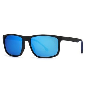 Retro square polarized sunglasses with matte black frames and blue mirrored lenses