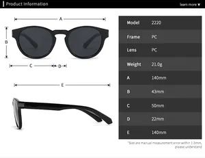 Detailed size chart for square polarized sunglasses with model 2220 measurements