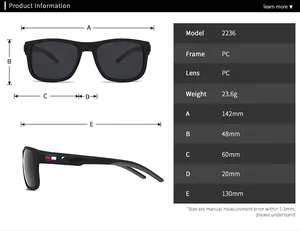 Size chart and technical specifications for model 2236 classic square sunglasses