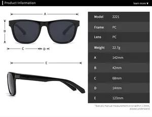 Size chart for classic square men's sunglasses showing frame dimensions and PC material specs