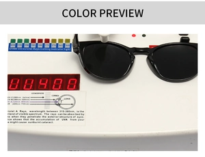 Polarized square sunglasses on UV400 tester showing high ultraviolet protection performance