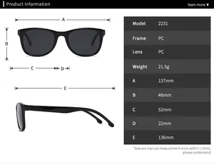 Detailed size chart for retro square polarized sunglasses showing frame dimensions and weight