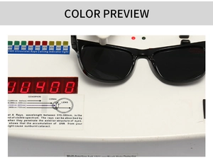 UV400 protection test on square black polarized sunglasses with dark lenses