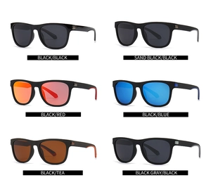 Matrix display of square polarized sunglasses in black, red, blue, and tea lens variants